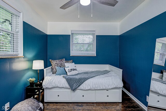 bedroom featuring ceiling fan, dark wood-type flooring, and multiple windows