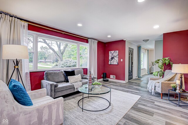 living room with light hardwood / wood-style flooring