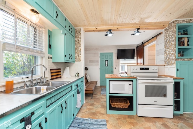 kitchen with white appliances, a healthy amount of sunlight, sink, and beam ceiling