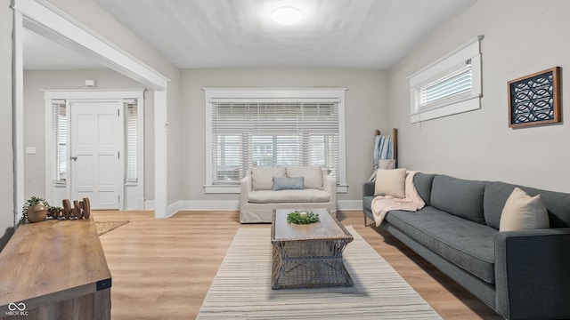 living room featuring plenty of natural light and light hardwood / wood-style flooring