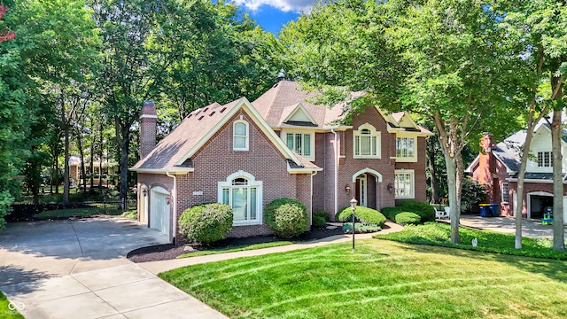 view of front of house featuring a front lawn and a garage