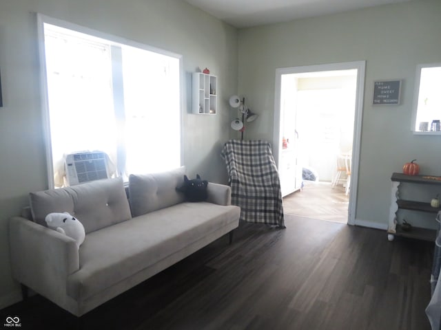 living room featuring wood-type flooring and cooling unit