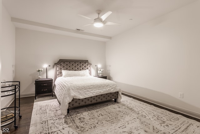 bedroom featuring wood-type flooring and ceiling fan