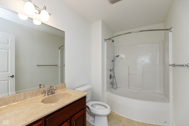 full bathroom with vanity, washtub / shower combination, toilet, and tile patterned floors