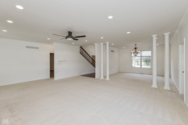 unfurnished living room featuring light carpet and crown molding