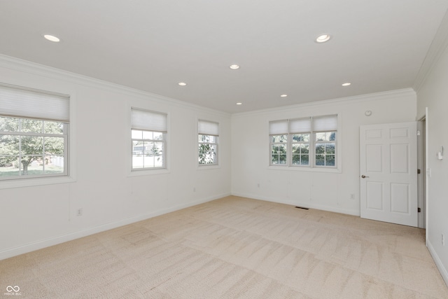 empty room with ornamental molding and light colored carpet