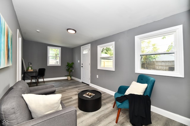 sitting room featuring hardwood / wood-style flooring, lofted ceiling, and a healthy amount of sunlight