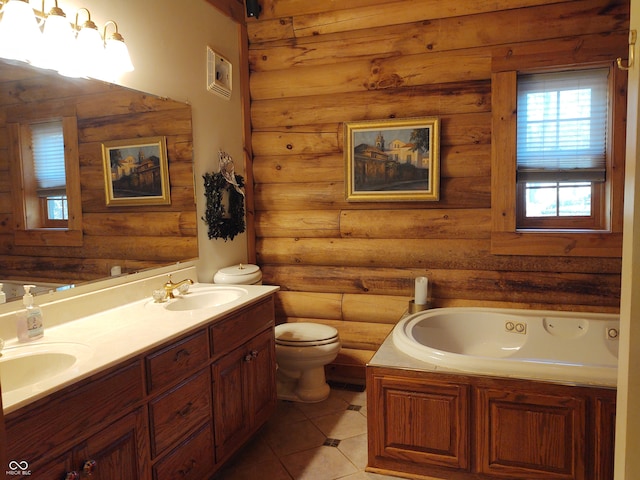 bathroom with vanity, rustic walls, toilet, and a bathing tub