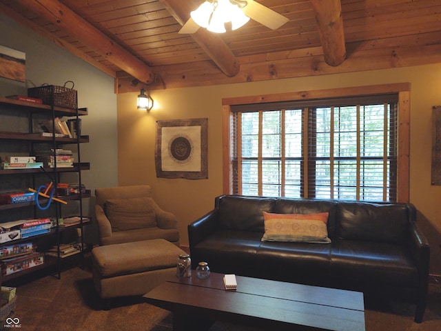 living room featuring wood ceiling, carpet floors, beam ceiling, and ceiling fan