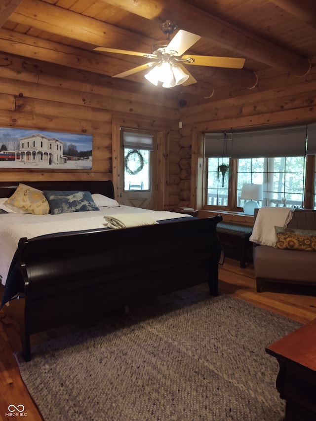 bedroom with ceiling fan, wood-type flooring, beam ceiling, and wooden ceiling