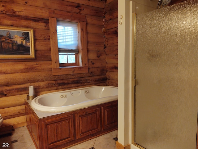 bathroom featuring rustic walls, plus walk in shower, toilet, and tile patterned flooring