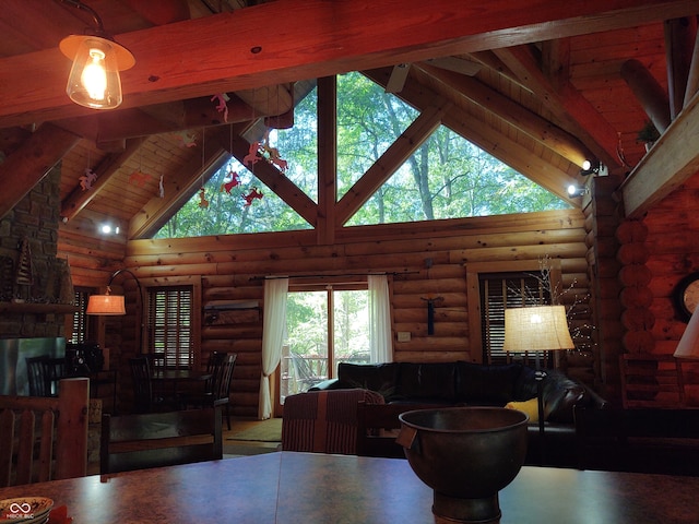 interior space featuring beam ceiling, high vaulted ceiling, wood ceiling, and log walls