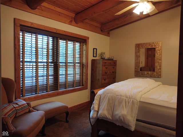 bedroom featuring vaulted ceiling with beams, wooden ceiling, carpet, and ceiling fan