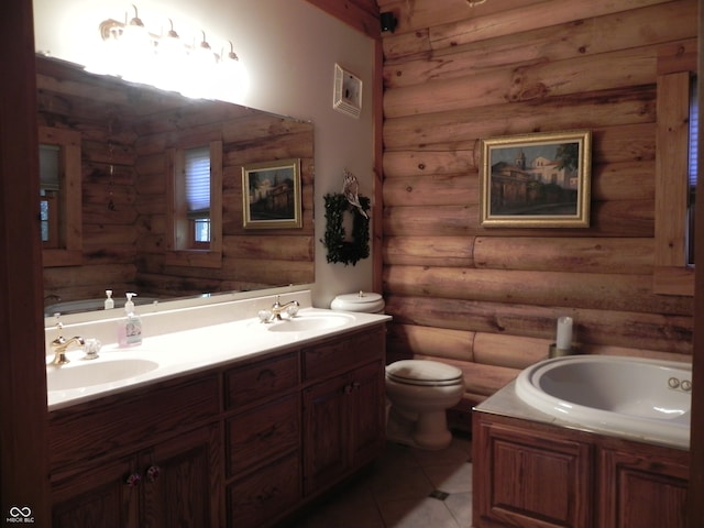 bathroom featuring toilet, tile patterned flooring, a washtub, log walls, and vanity