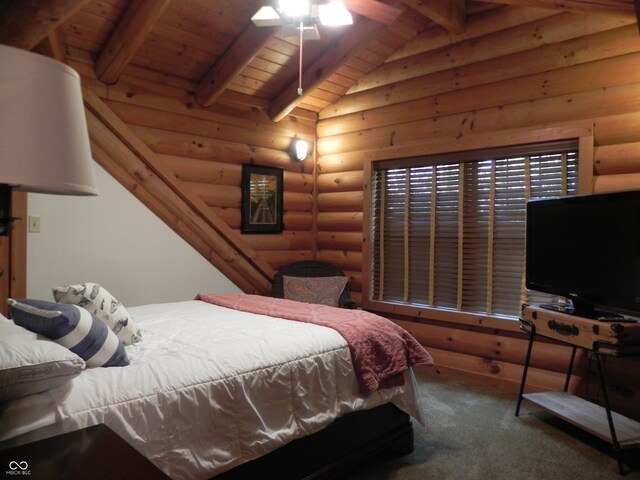 carpeted bedroom featuring vaulted ceiling with beams, wood ceiling, log walls, and ceiling fan