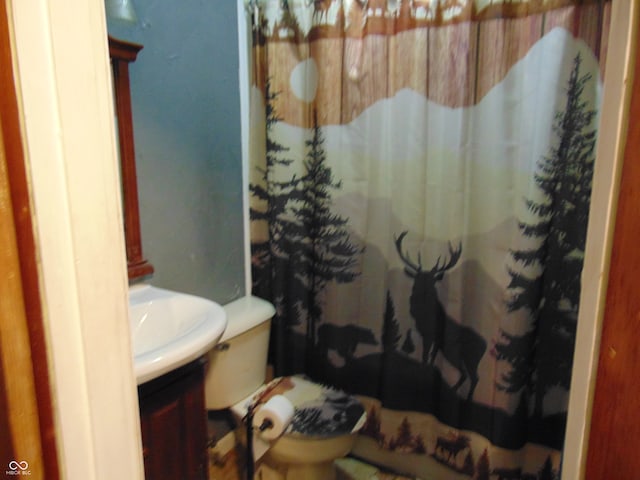 bathroom with a shower with shower curtain, vanity, and toilet