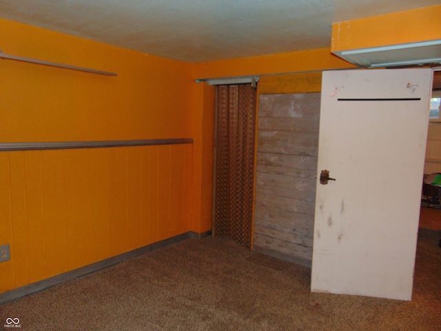 carpeted empty room with wood walls