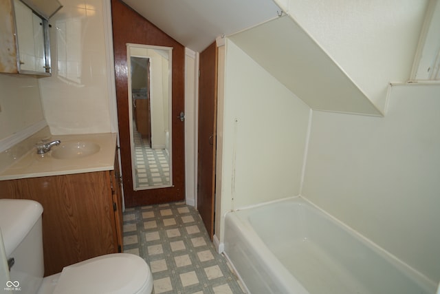 full bathroom with vaulted ceiling, vanity, bathtub / shower combination, and toilet