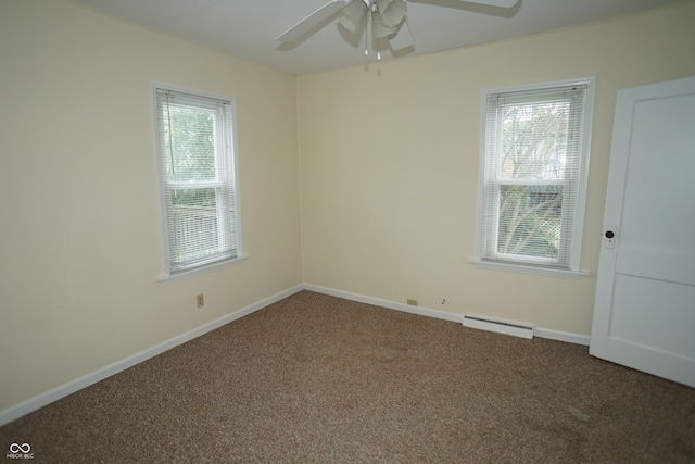 unfurnished room with ceiling fan, baseboard heating, and carpet flooring