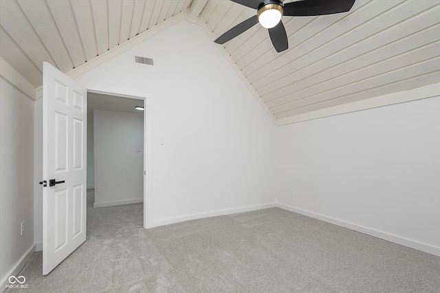 bonus room with wood ceiling, lofted ceiling, ceiling fan, and light colored carpet