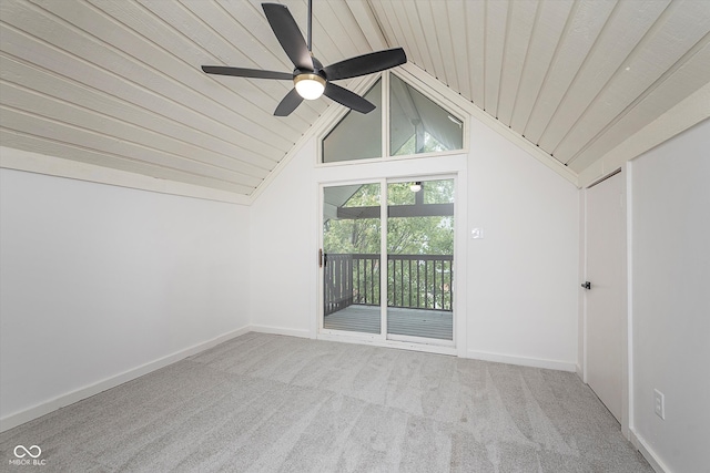 bonus room with wooden ceiling, lofted ceiling, ceiling fan, and light colored carpet