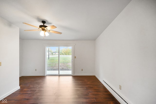 unfurnished room with a baseboard heating unit, ceiling fan, and dark wood-type flooring