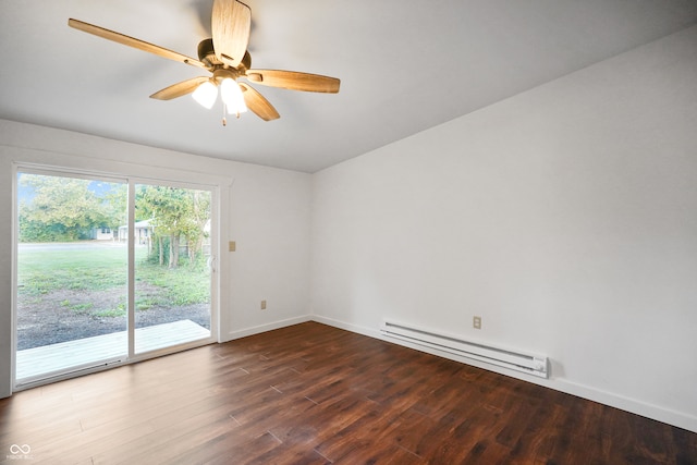 empty room with ceiling fan, dark wood-type flooring, and a baseboard heating unit