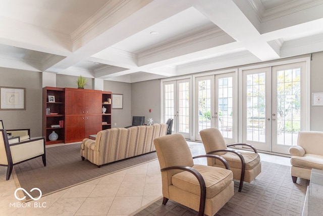 living room featuring beamed ceiling, coffered ceiling, and french doors