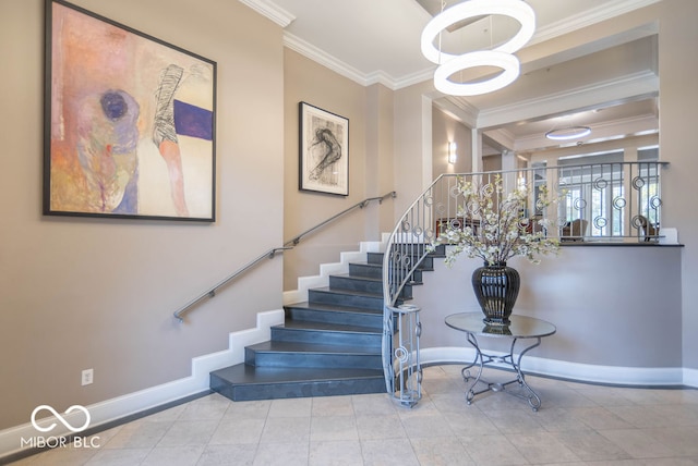 staircase featuring tile patterned flooring and ornamental molding