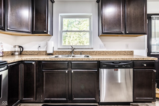 kitchen with dark brown cabinets, stainless steel dishwasher, and sink