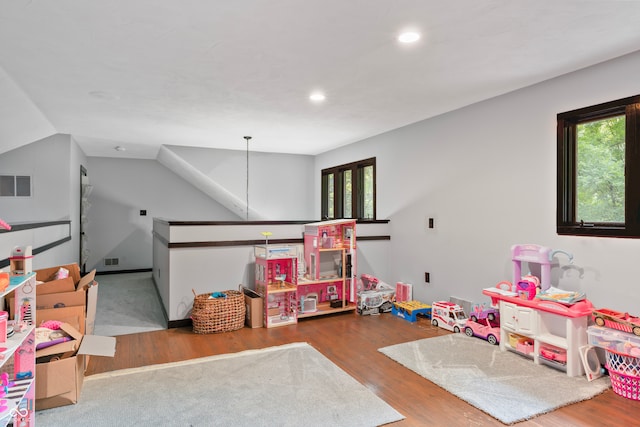 recreation room with wood-type flooring, lofted ceiling, and a wealth of natural light