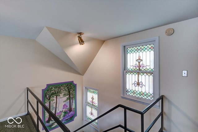 stairway featuring carpet, vaulted ceiling, and plenty of natural light