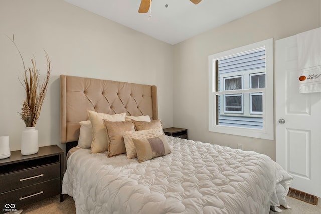 bedroom featuring carpet flooring and ceiling fan