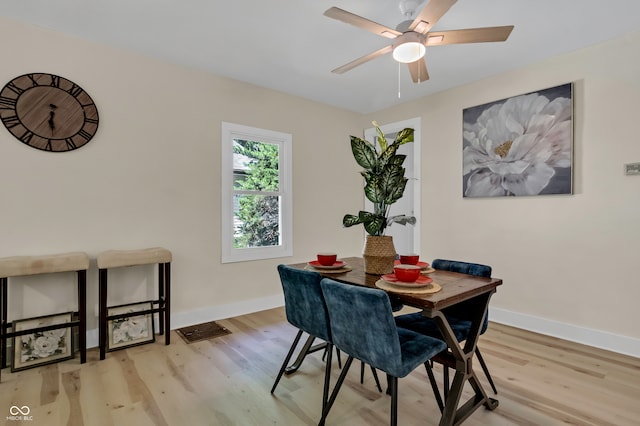 dining room with light hardwood / wood-style floors and ceiling fan