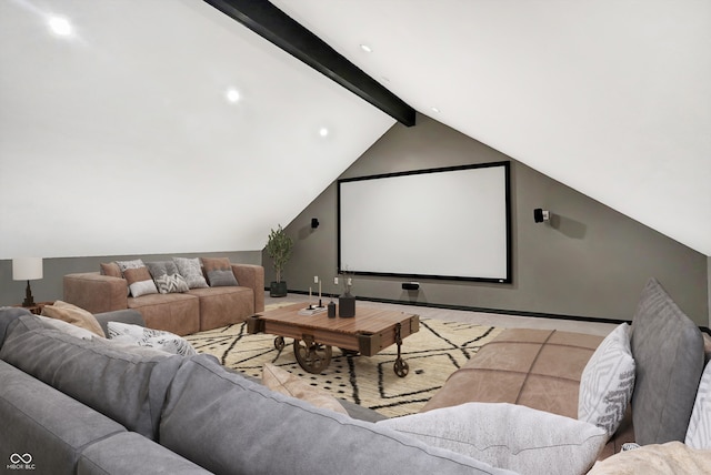 cinema featuring lofted ceiling with beams and recessed lighting