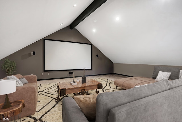 home theater featuring vaulted ceiling with beams and baseboards