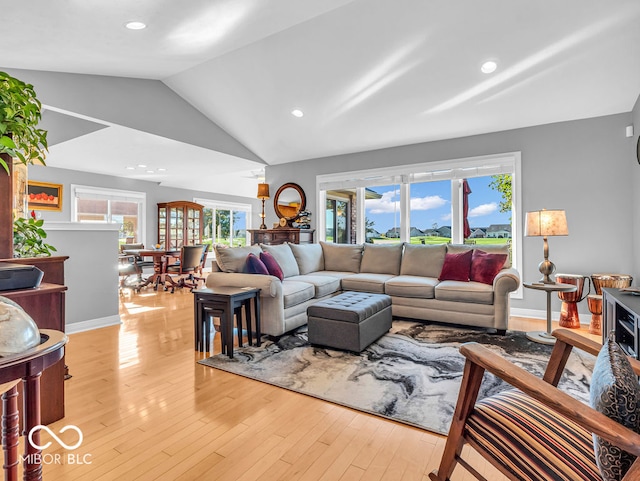 living room featuring light wood-type flooring and vaulted ceiling