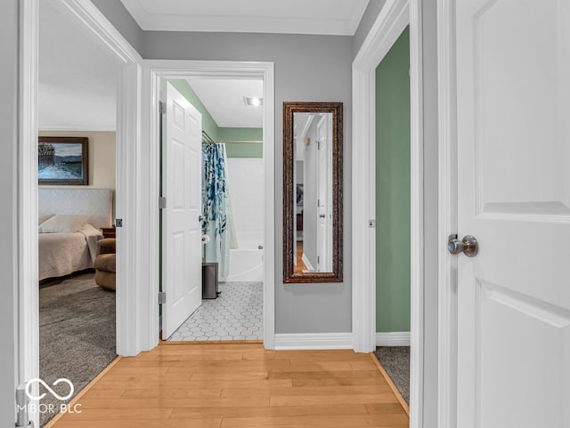 corridor featuring ornamental molding and light hardwood / wood-style floors