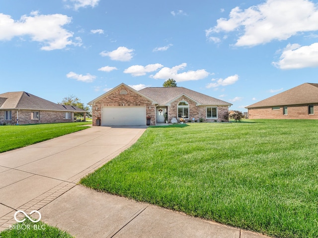 ranch-style house featuring a garage and a front yard