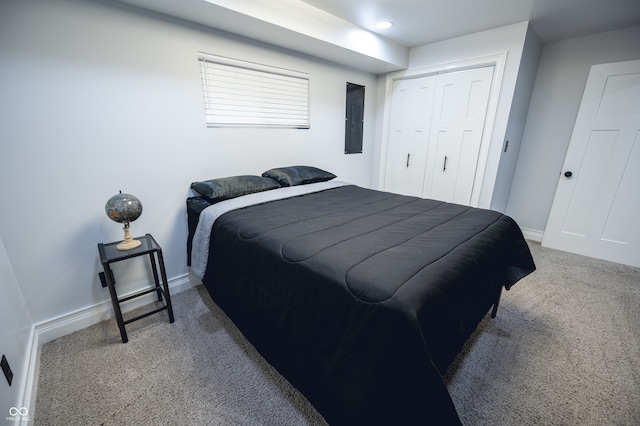 carpeted bedroom with a closet and electric panel