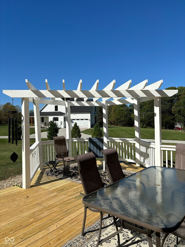 wooden deck with a lawn and a pergola