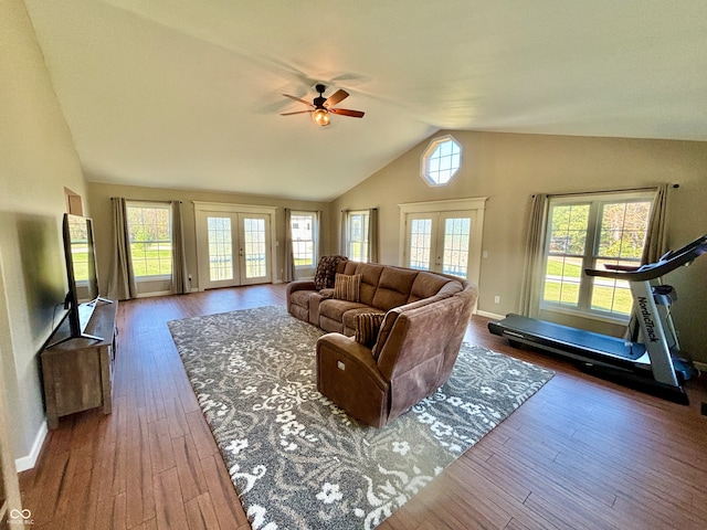 living room with french doors, dark hardwood / wood-style flooring, lofted ceiling, and a healthy amount of sunlight