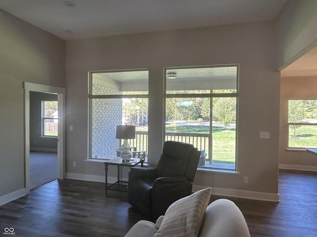 living area featuring dark wood-style flooring and baseboards