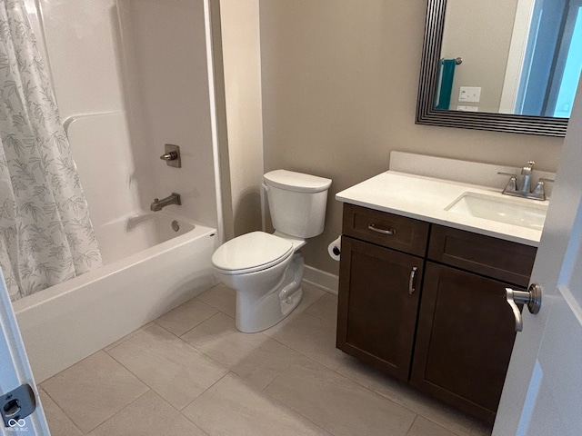 full bathroom with vanity, tile patterned flooring, toilet, and shower / tub combo with curtain