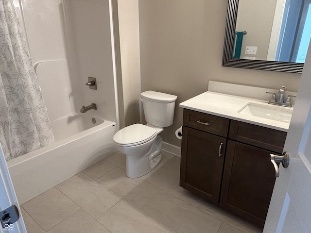 bathroom with toilet, shower / tub combo with curtain, and vanity