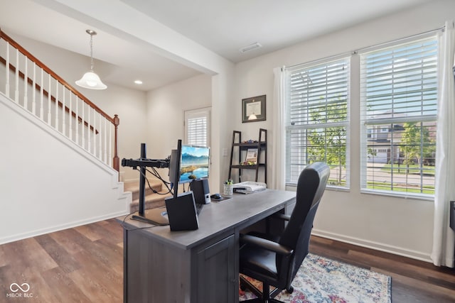 office area featuring dark wood-type flooring