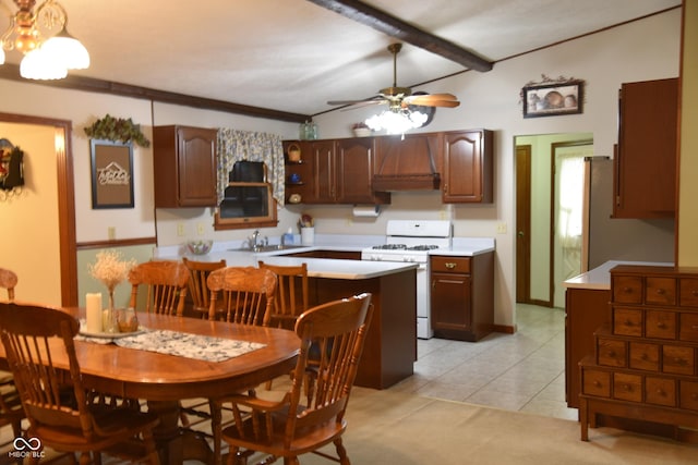 kitchen featuring custom exhaust hood, a sink, ceiling fan, light countertops, and white range with gas cooktop