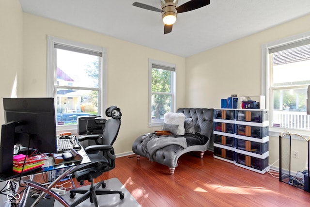 office area featuring ceiling fan, hardwood / wood-style flooring, and plenty of natural light