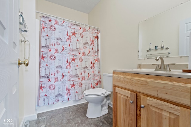 full bathroom with shower / bath combo, vanity, and toilet