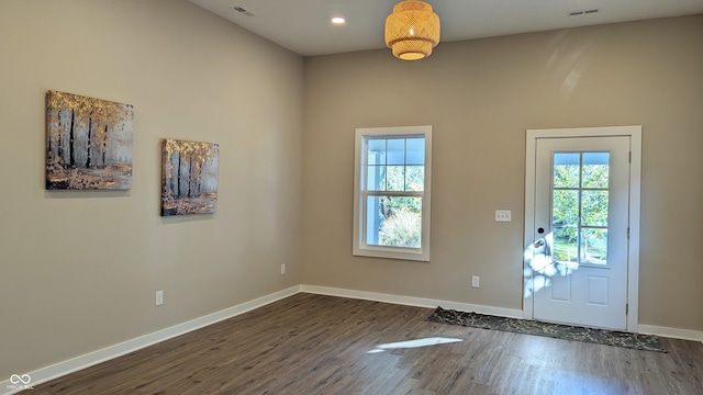 doorway with dark wood-type flooring and plenty of natural light